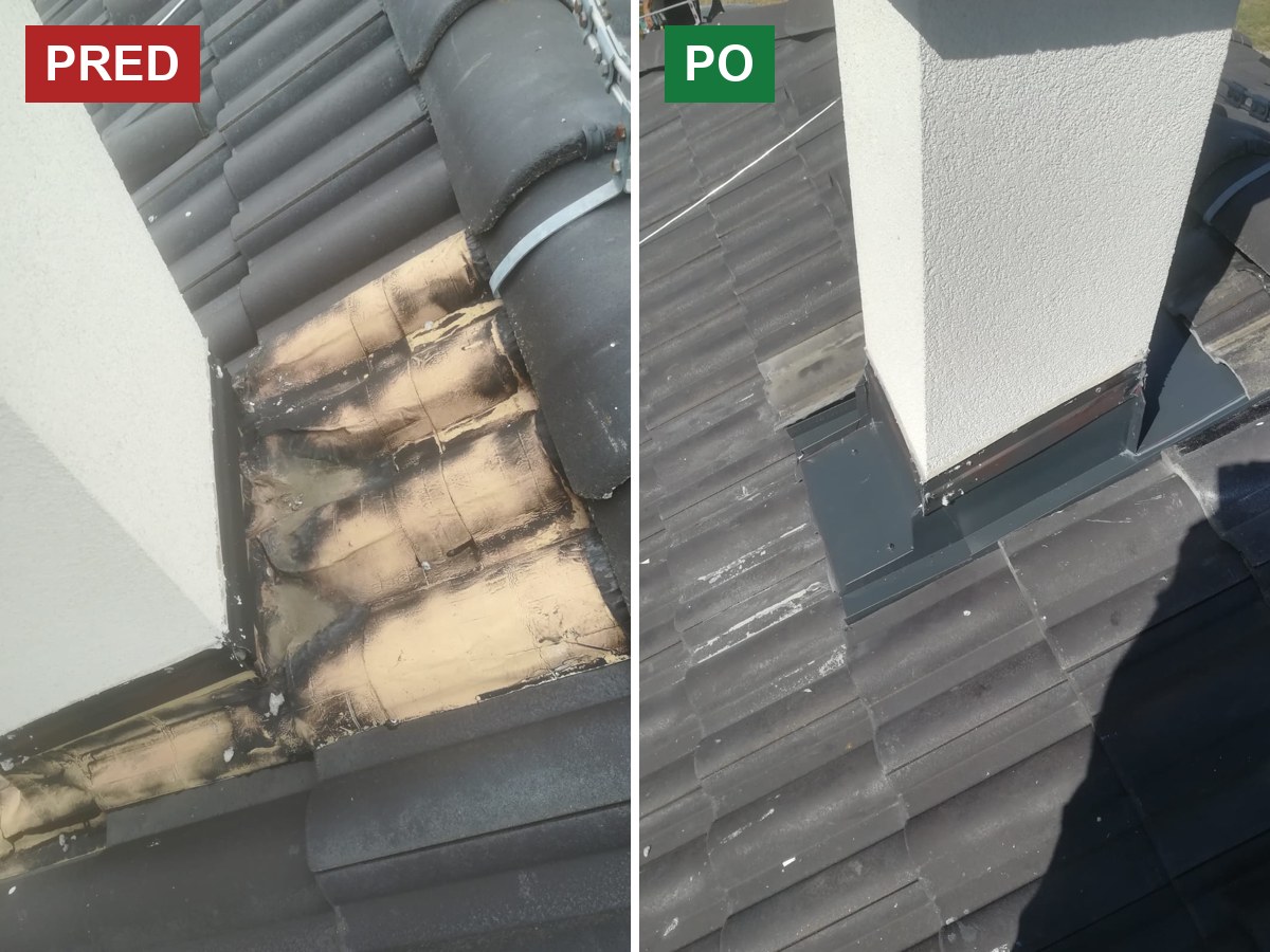 Komín v Malom Lapáši: pred opravou popraskaný nalepený pás, po oprave nové tmavosivé oplechovanie