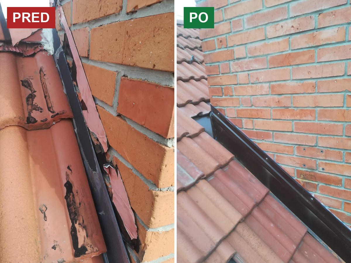 Tehlový komín v Nitre: pred opravou plech prelepený páskou a asfaltom, po oprave nové hnedé oplechovanie